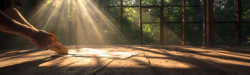 Aufkleber - A serene scene depicting sunlight streaming through a window, illuminating a wooden floor as a hand gently touches the surface, evoking tranquility and connection with nature.