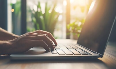 Poster - A close-up of a person's hand typing on a laptop in a bright, sunlit workspace with greenery in the background.