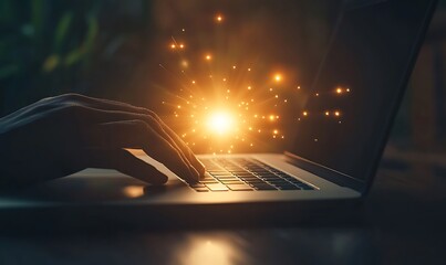 Aufkleber - A hand types on a laptop, with glowing sparks emanating from the screen, symbolizing creativity and the digital world.