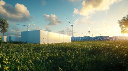 Wall Mural - Modern battery energy storage system with wind turbines and solar panels in lush green grass fields renewable power 3d illustration 4k image