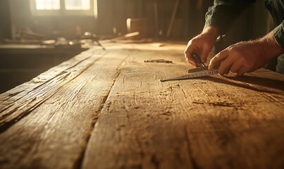 Aufkleber - A close-up of hands measuring wood on a workshop table with warm lighting, highlighting craftsmanship and attention to detail in woodworking.