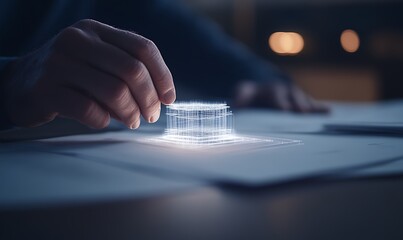 Aufkleber - A hand interacts with a glowing holographic display, showcasing modern technology on paper, highlighting innovation and digital interfaces.