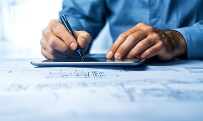 Aufkleber - A person writes on a tablet, using a pen, surrounded by printed papers, illustrating modern note-taking or digital documentation.