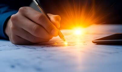 Aufkleber - A person writing on paper with a pen, illuminated by a glowing light, suggesting creativity and inspiration.