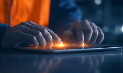 Poster - A worker in an orange vest interacts with a tablet, showcasing a blend of technology and manual tasks in a professional environment.