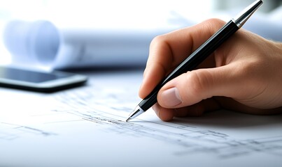 Aufkleber - A hand holding a pen writes on a sheet of paper, with a smartphone and rolled documents in the background, illustrating creativity and productivity.