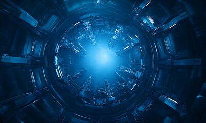 Aufkleber - A futuristic, circular tunnel with a glowing blue light at its center, surrounded by intricate structures, evoking a sense of depth and mystery.