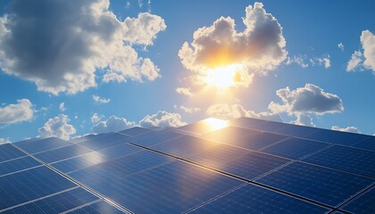 Poster - A solar panel gleams under a bright sun, surrounded by a clear blue sky and fluffy clouds, showcasing renewable energy's potential.