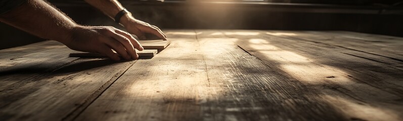 Aufkleber - A person’s hands smoothing a wooden surface illuminated by soft, natural light, capturing craftsmanship and attention to detail.