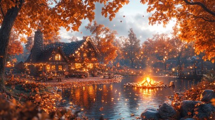 Wall Mural - Cozy autumn scene with a cabin by a lake and a campfire.