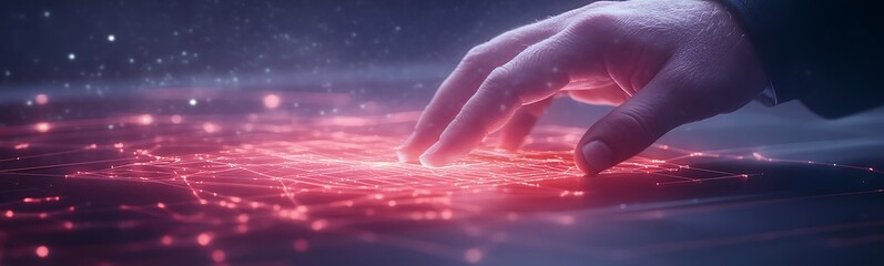 Poster - A hand reaches towards a glowing, red digital surface, symbolizing interaction with technology and data.