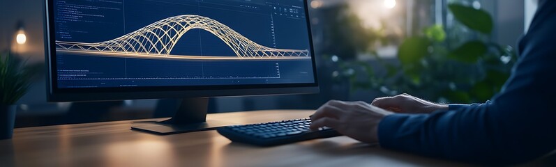 Fototapete - A user interacts with a monitor displaying a digital design of a bridge, surrounded by greenery in a modern workspace.