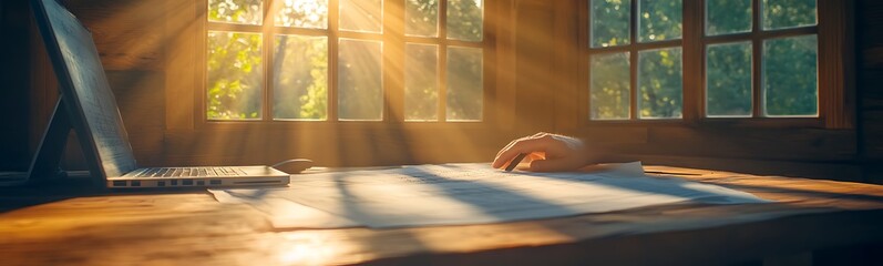 Poster - A serene workspace bathed in sunlight, featuring a laptop, a hand on a document, and warm, inviting wooden textures.