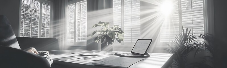 Poster - A serene workspace illuminated by soft sunlight streaming through slatted windows, creating a peaceful atmosphere with plants and a laptop present.