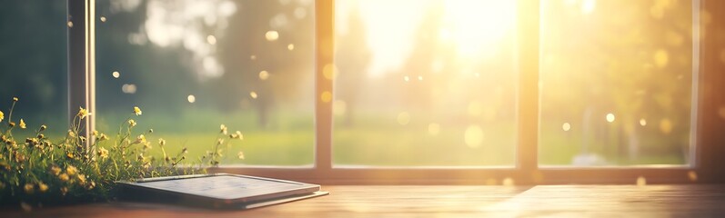 Poster - A serene scene with sunlight streaming through a window, illuminating a soft, grassy area beside a cozy mat.