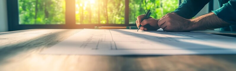 Fototapete - A person is sketching plans on a large sheet of paper, bathed in warm sunlight coming through a window, surrounded by greenery.