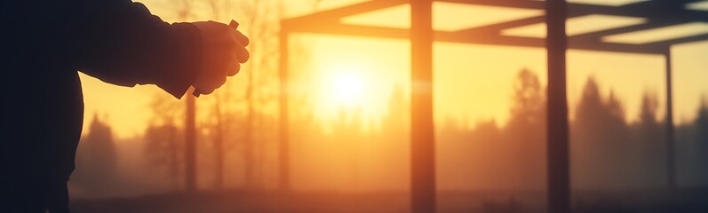 Aufkleber - A serene sunset scene with a silhouetted figure holding something, framed by a natural landscape.