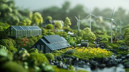 Wall Mural - Modern battery energy storage system with wind turbines and solar panels in lush green grass fields renewable power 3d illustration 4k image