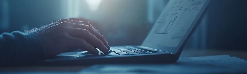 Aufkleber - A close-up of a person's hand typing on a laptop in a dimly lit environment, highlighting focus and technology.