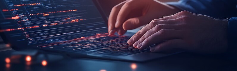 Aufkleber - A close-up of hands typing on a laptop keyboard, illuminated by colorful lights, emphasizing technology and software development.