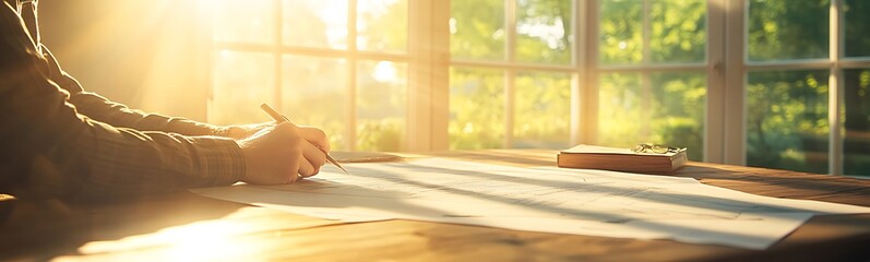 Poster - A warm, sunlit scene shows a person writing on a paper, surrounded by a serene environment filled with natural light and greenery.