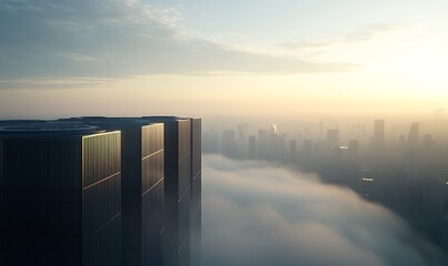 Fototapete - A stunning view of a modern skyscraper emerging from cloud cover at sunrise, showcasing a blend of architecture and natural beauty.