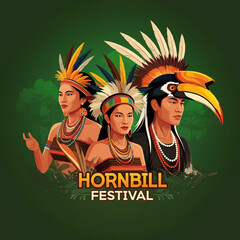 Colorful illustration of the Hornbill Festival featuring indigenous people in traditional attire, celebrating their cultural heritage and community spirit