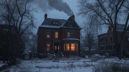 Poster - A Brick House with Warm Lights in a Snowy Neighborhood