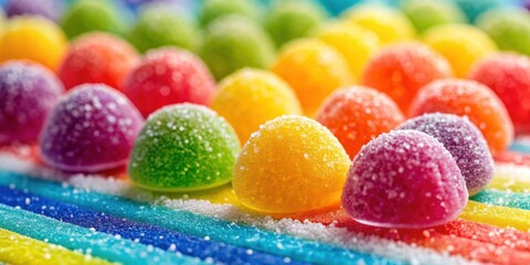 Colorful jelly candies covered in sugar sprinkles on a sour flavored rainbow candy background, jelly candies