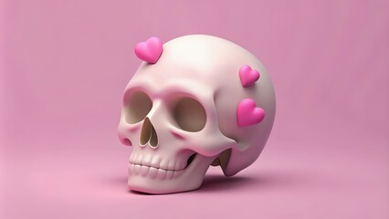 Poster - A White Skull Decorated with Pink Hearts on a Pink Background