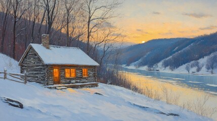 Poster - A Cozy Cabin in a Snowy Winter Landscape at Sunset