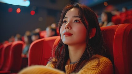 Aufkleber - A group of people watching a movie in a cinema. young Asian women are sitting on red seats, enjoying the movie.