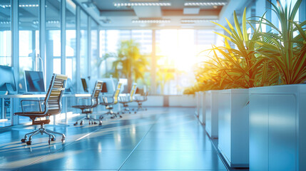 Aufkleber - A light, modern office interior with panoramic windows and beautiful lighting.