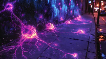 A sidewalk photo of a purple and black background