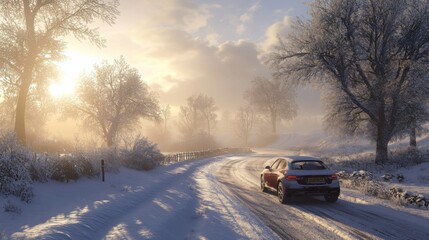 Poster - A Car Driving on a Snowy Road Through a Wintery Forest