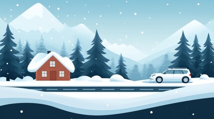 Poster - A Snowy Winter Landscape with a Cabin and a Car