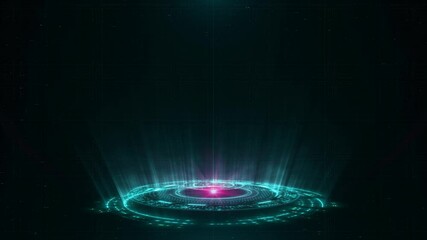 Wall Mural - Blue holographic advanced HUD circle platform. Copy space for any message. Futuristic digital technology animated background concept.
