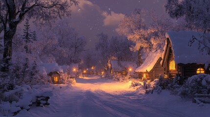 Poster - Snowy Village at Dusk with Illuminated Windows