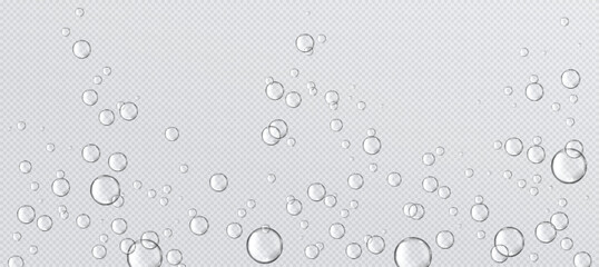 Wall Mural - fizzy water bubbles floating on transparent background. multiple sized spherical shapes for efferves