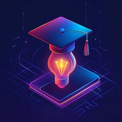 Aufkleber - A glowing, futuristic graduation cap and light bulb shine against a dark blue background. This modern design symbolizes the bright future of education.