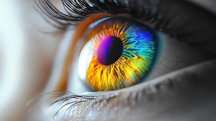 Close-up of a colorful rainbow eye isolated on panoramic background and colors vision. High Quality Image