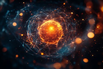 Wall Mural - a stunning depiction of an abstract digital atom glowing in vibrant orange and blue tones. this artw