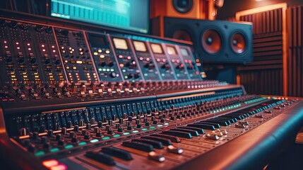 Fototapete - High-end audio equipment setup in a sleek, modern studio, ambient lighting casting soft glows on polished surfaces, elegant wooden accents, a large mixing console with colorful LED indicators.