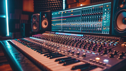Fototapete - High-end audio equipment setup in a sleek, modern studio, ambient lighting casting soft glows on polished surfaces, elegant wooden accents, a large mixing console with colorful LED indicators.