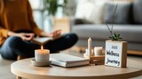 A serene setting featuring a person reading by a candle, surrounded by wellness decor, emphasizing self-care and tranquility in a cozy living room environment.