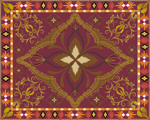 Wall Mural - Pattern carpet combined with beautiful lines in gold and black on a dark red background.
