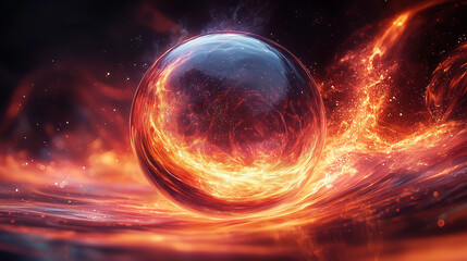 Wall Mural - Fiery Orb of Power: A blazing sphere of energy, engulfed in flames, radiates intense heat and power, creating a mesmerizing and awe-inspiring spectacle against a backdrop of swirling cosmic dust. 