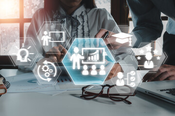 Wall Mural - futuristic digital interface showcasing training and development concepts with business icons and te