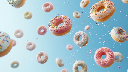 Whimsical 3D Mini Donuts with Colorful Sprinkles Floating Against Soft Sky Blue Background