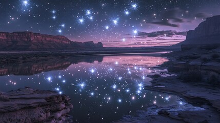 Wall Mural - Witness the celestial dance as stars scatter across the night sky creating stunning reflections on the serene water surface